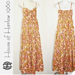💕 House of Harlow Bow Tie Front Linen Blend Tiered Maxi Dress in Floral - M 💕